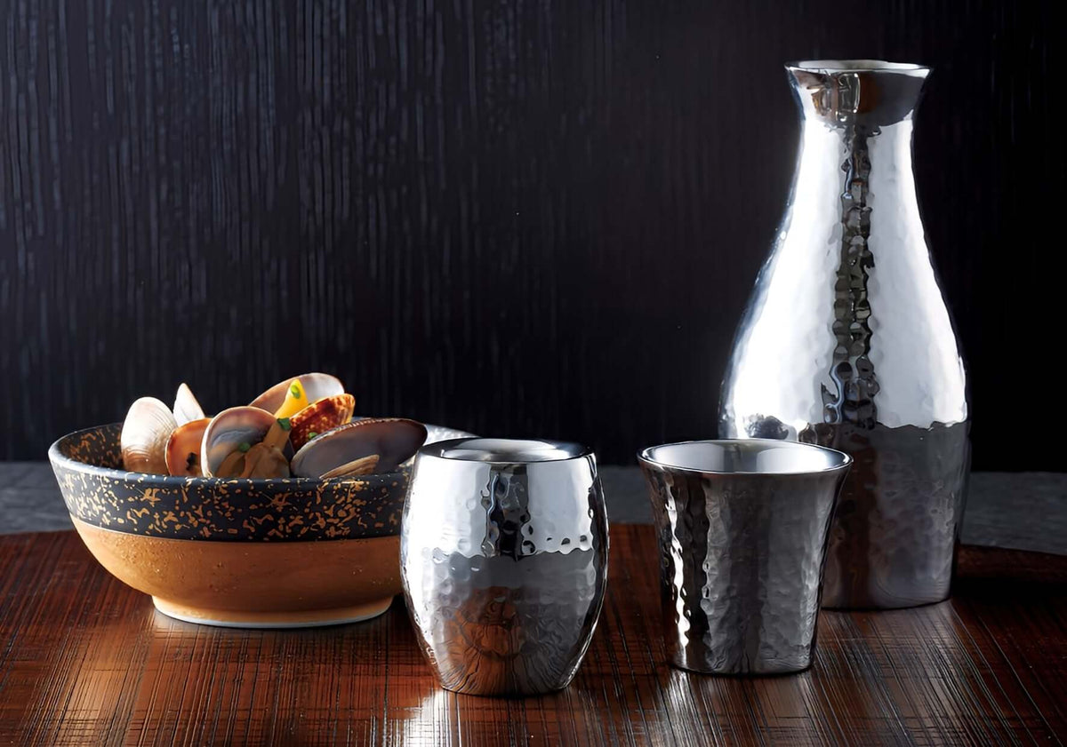 Sake Container Metal Hammered Stainless Steel Sake Flask & Cup Set