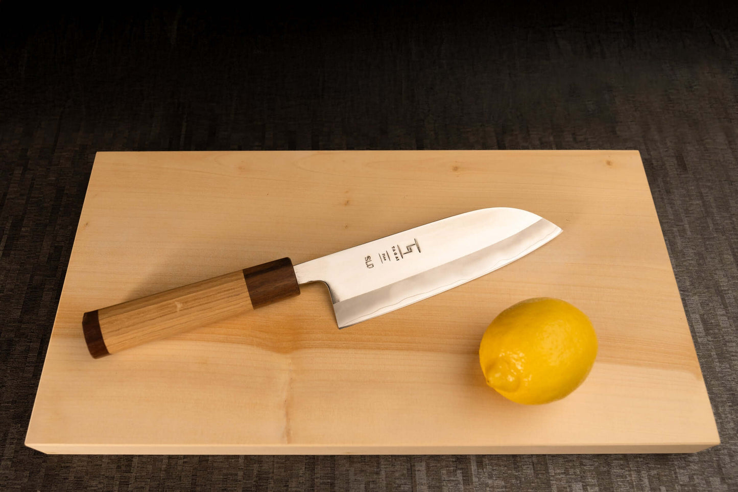 Santoku Knife 165mm (6.5") – Hitachi SLD+SUS – Oak & Rare Wood Handle