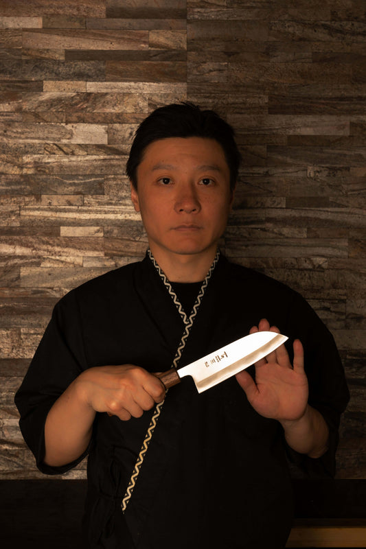 Santoku Knife 165mm (6.5") – Hitachi SLD+SUS – Oak & Rare Wood Handle