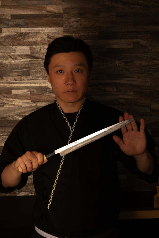 Sashimi Knife 300mm (11.8") – Blue Steel – Natural Wood Handle – One-of-a-Kind (Fugubiki Style)